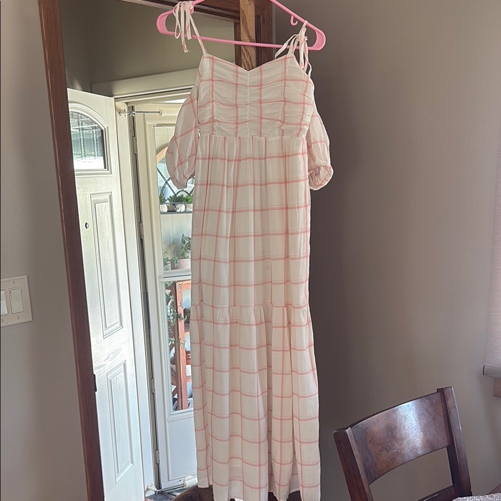Pink Plaid Off-Shoulder Maxi Dress